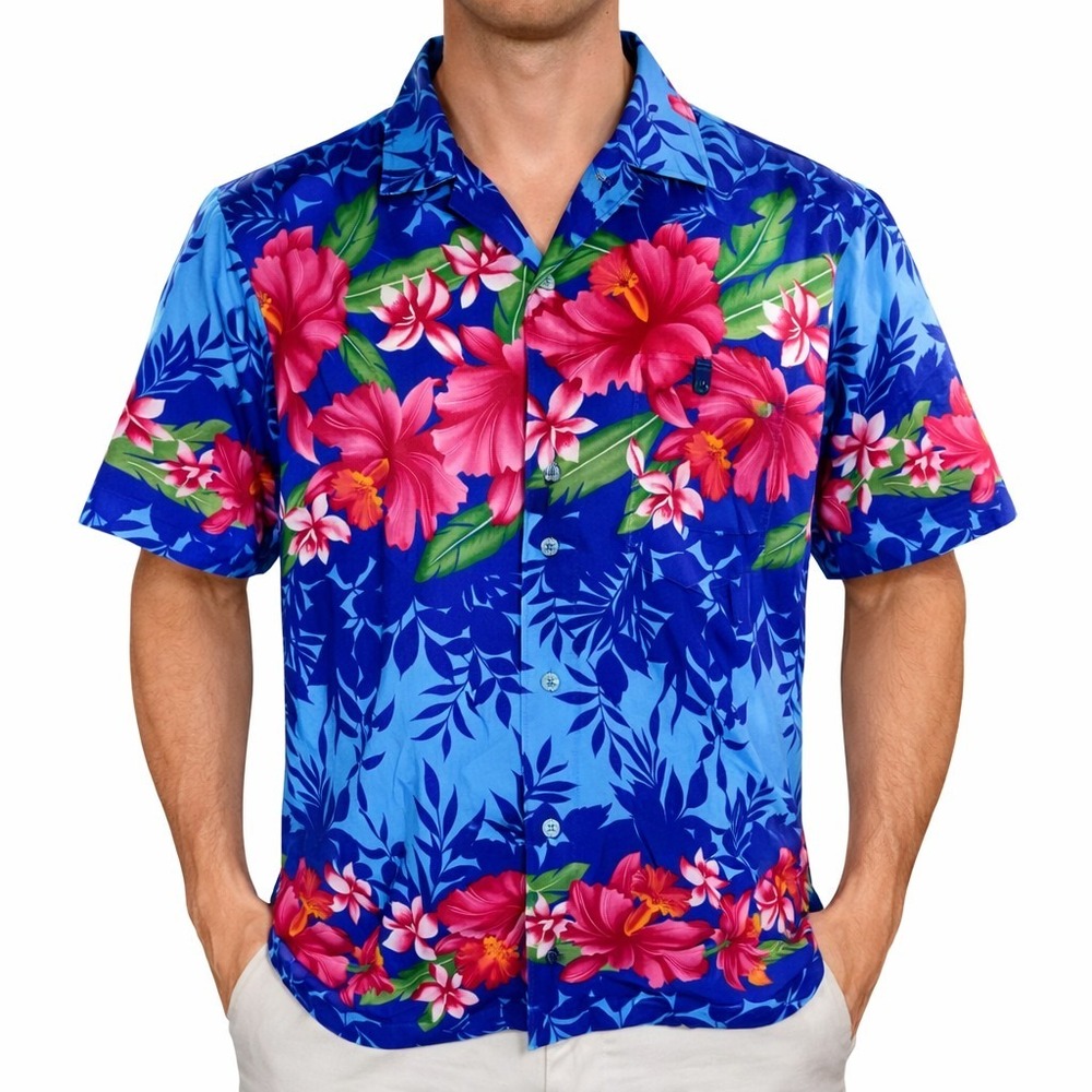 Royal Creations Hawaiian Aloha Shirt Vtg Large Pink Tropical Flowers Floral Blue